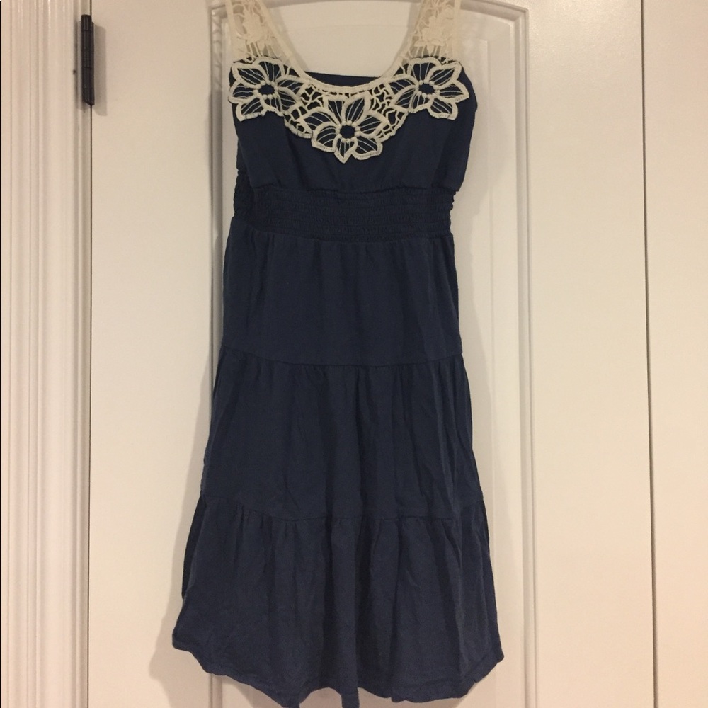 NWOT Navy dress with white crocheting